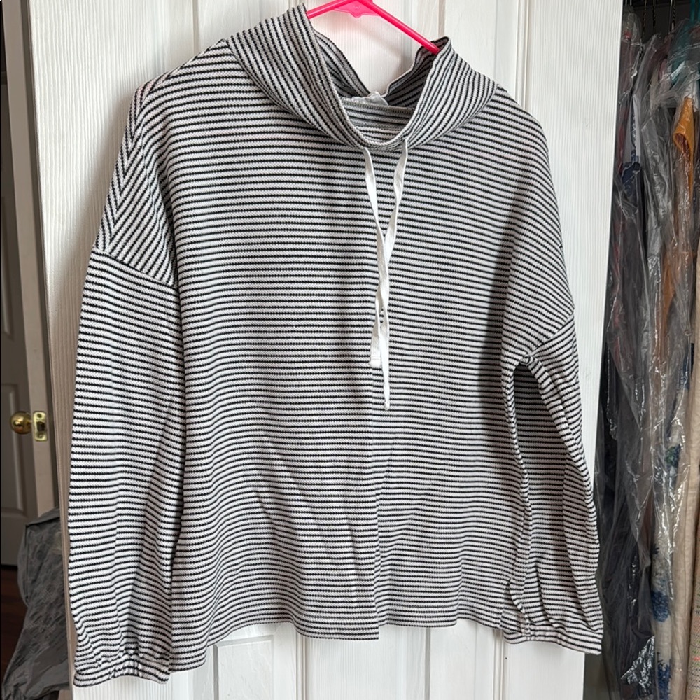 LOFT Black and White Striped Cowl Neck Sweater